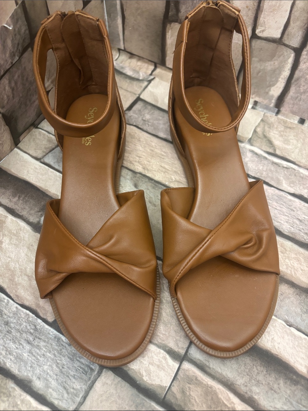 NEW Seychelles Cognac Knot Front Ankle-Strap Sandals Sz 9.5